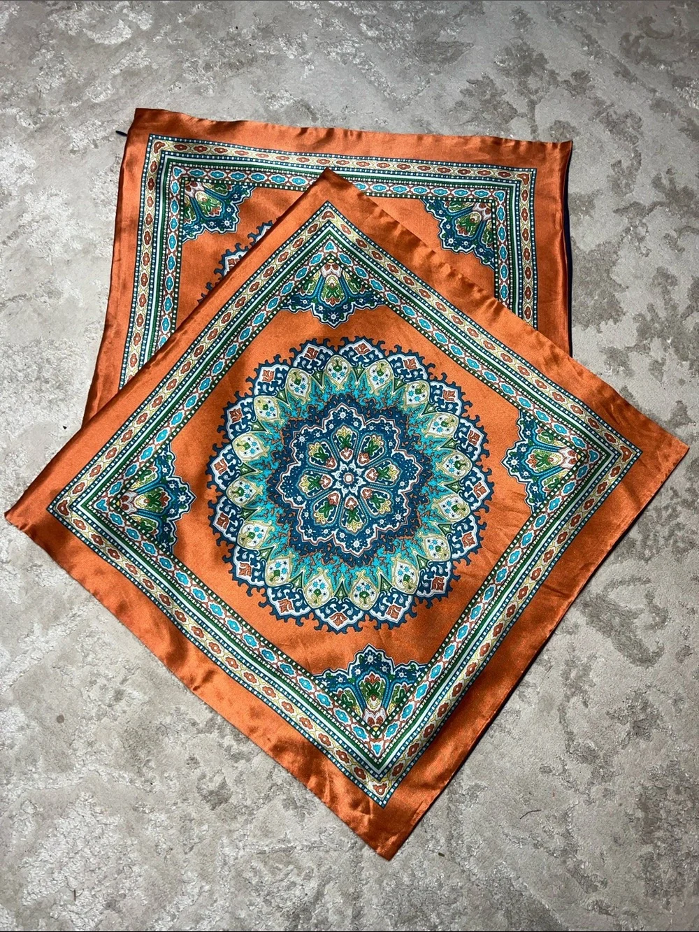 Pottery Barn Medallion Silk Blend Pillow Covers Orange & Blue Set of 3